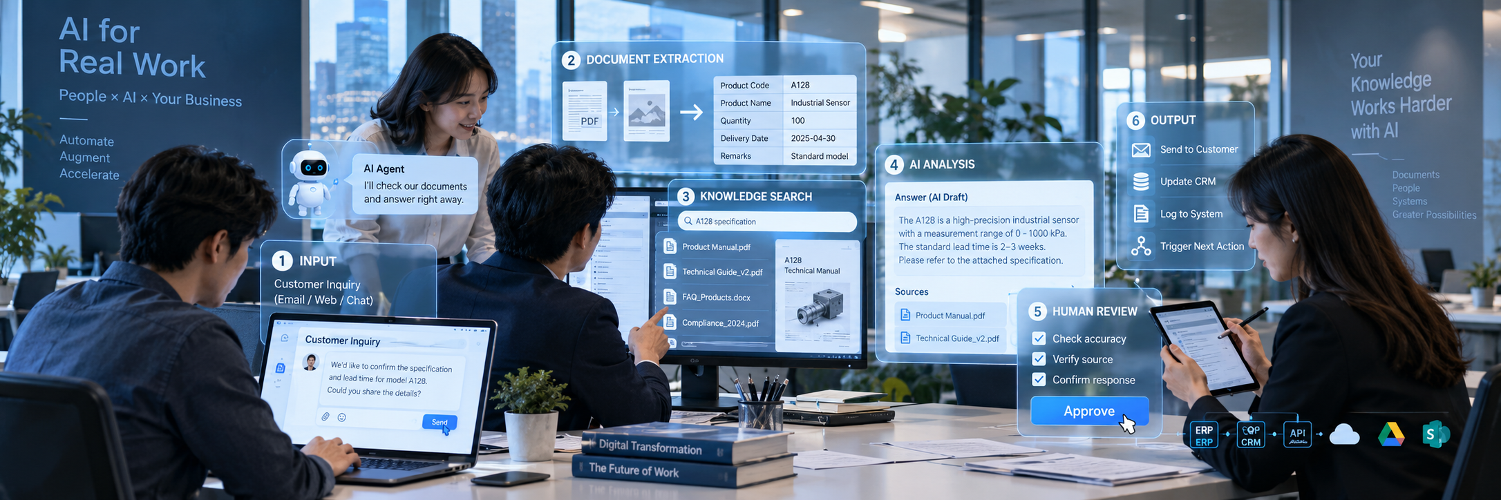 問い合わせ受付から文書抽出・ナレッジ検索・担当者確認までのAI業務フローのコンセプト画像